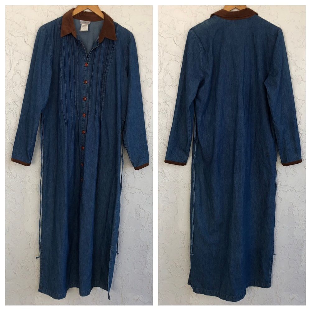 Vintage Western Blue Maxi Dress with Brown Accents